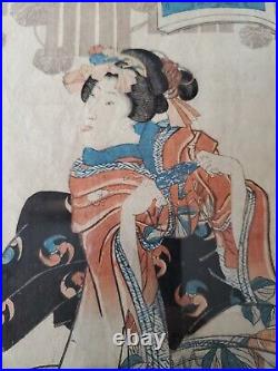 Antique Japanese Woodblock Print Geisha with Origami by Utagawa Toyokuni II