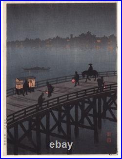 Antique Japanese Woodblock Print Night Bridge Scene by Koho c. 1920s-1930s Made i