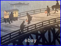 Antique Japanese Woodblock Print Night Bridge Scene by Koho c. 1920s-1930s Made i