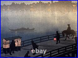 Antique Japanese Woodblock Print Night Bridge Scene by Koho c. 1920s-1930s Made i