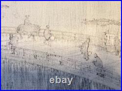 Antique Japanese Woodblock Print Night Bridge Scene by Koho c. 1920s-1930s Made i