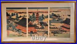 Antique Japanese Woodblock Print Triptych by Hiroshige -Asakusa- c. 1854 Framed