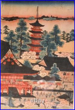 Antique Japanese Woodblock Print Triptych by Hiroshige -Asakusa- c. 1854 Framed