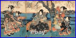 Antique Japanese Woodblock Print Triptych by Kunisada II -Prince Genji- c. 1847