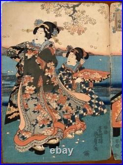 Antique Japanese Woodblock Print Triptych by Kunisada II -Prince Genji- c. 1847