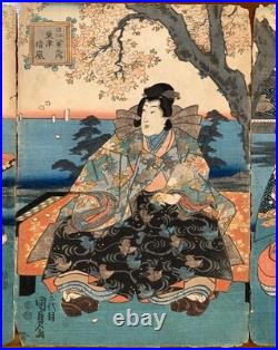 Antique Japanese Woodblock Print Triptych by Kunisada II -Prince Genji- c. 1847