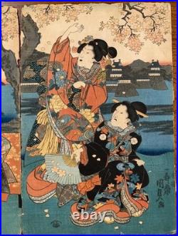 Antique Japanese Woodblock Print Triptych by Kunisada II -Prince Genji- c. 1847
