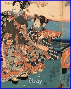 Antique Japanese Woodblock Print Triptych by Kunisada II -Prince Genji- c. 1847