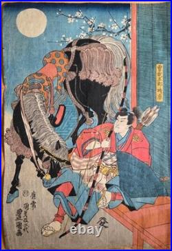 Antique Japanese Woodblock Print Triptych by Kunisada -Revenge of Soga- c. 1844