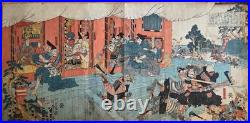 Antique Japanese Woodblock Print Triptych by Sadahide -Kagekiyo Assalts- c. 1847