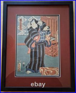 Antique Japanese Woodblock Print by Utagawa Kunisada Man with a Child c. 1853