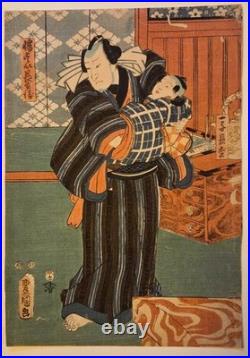 Antique Japanese Woodblock Print by Utagawa Kunisada Man with a Child c. 1853