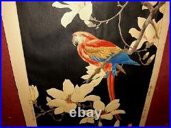 Antique Japanese Woodblock Print with Parrot As Is