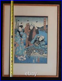 Antique Japanese Woodblock Ukiyoe Art by Utagawa Kunisada / Toyokuni Framed