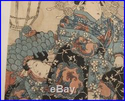 Antique Japanese ukiyo-e woodblock print geisha ornate kimono headdress