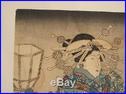 Antique Japanese ukiyo-e woodblock print geisha ornate kimono headdress