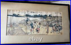 Antique Katsushika Hokusai Japanese Woodblock Print Ehon Sumidagawa Framed