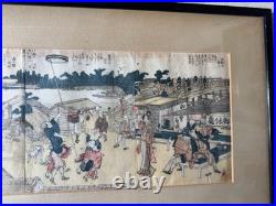 Antique Katsushika Hokusai Japanese Woodblock Print Ehon Sumidagawa Framed