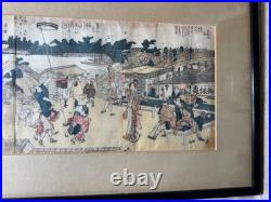 Antique Katsushika Hokusai Japanese Woodblock Print Ehon Sumidagawa Framed