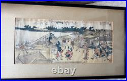Antique Katsushika Hokusai Japanese Woodblock Print Ehon Sumidagawa Framed