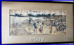 Antique Katsushika Hokusai Japanese Woodblock Print Ehon Sumidagawa Framed