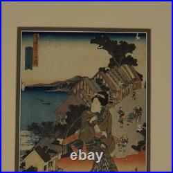 Antique Kunisada Hiroshige Woodblock Print Tokaido Kanagawa Station #4 c1836