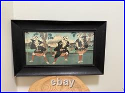 Antique Meiji Japanese Woodblock Print Kabuki Actors with Dice Hats