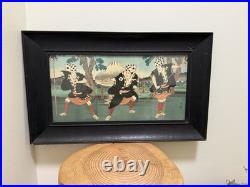 Antique Meiji Japanese Woodblock Print Kabuki Actors with Dice Hats