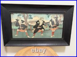 Antique Meiji Japanese Woodblock Print Kabuki Actors with Dice Hats