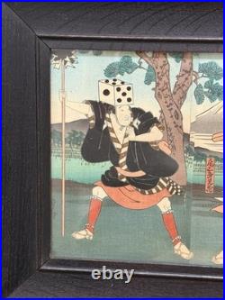 Antique Meiji Japanese Woodblock Print Kabuki Actors with Dice Hats