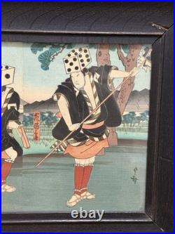 Antique Meiji Japanese Woodblock Print Kabuki Actors with Dice Hats