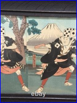 Antique Meiji Japanese Woodblock Print Kabuki Actors with Dice Hats