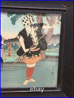 Antique Meiji Japanese Woodblock Print Kabuki Actors with Dice Hats