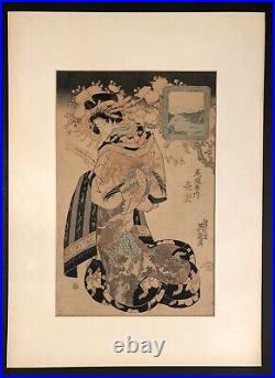 Antique Original Japanese Woodblock Print Yeisen / Eisen Keisai, Ukiyo-e, framed