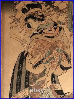 Antique Original Japanese Woodblock Print Yeisen / Eisen Keisai, Ukiyo-e, framed