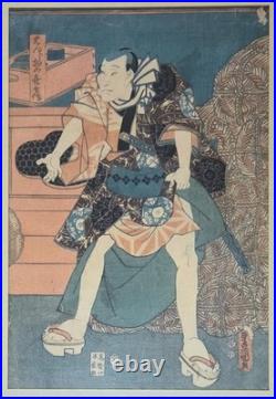 Antique Original Japanese Woodblock Print by Kunisada -Samurai- Framed c. 1860s