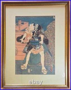 Antique Original Japanese Woodblock Print by Kunisada -Samurai- Framed c. 1860s
