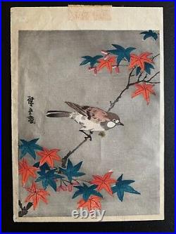 Antique Original Japanese Woodblock by Utagawa Hiroshige of Sparrow Maple Tree