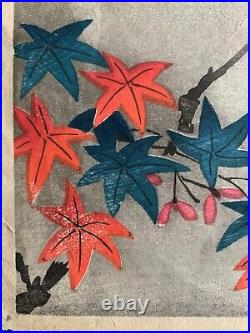 Antique Original Japanese Woodblock by Utagawa Hiroshige of Sparrow Maple Tree