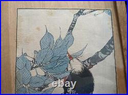 Antique Rare Original Japanese Wood Block Art Print Burl Maple Frame Glass Vtg