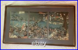 Antique SADAHIDE Japanese Woodblock 1860 Battle Of Yashima Triptych