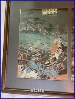 Antique SADAHIDE Japanese Woodblock 1860 Battle Of Yashima Triptych