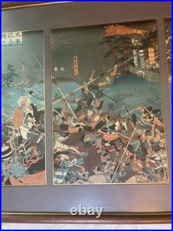 Antique SADAHIDE Japanese Woodblock 1860 Battle Of Yashima Triptych