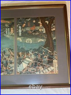 Antique SADAHIDE Japanese Woodblock 1860 Battle Of Yashima Triptych