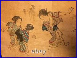 Antique Signed Japanese Woodblock Print Winter Snowball Fight Ukiyoe