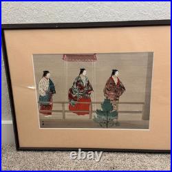 Antique Tsukioka Kogyo Noh Woodblock Print 1920s Shin Hanga Signed Framed Japan