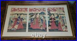 Antique UTAGAWA FUSATANE Woodblock Print CHERRY BLOSSOM VIEWING AT SUMIDA 3 Page