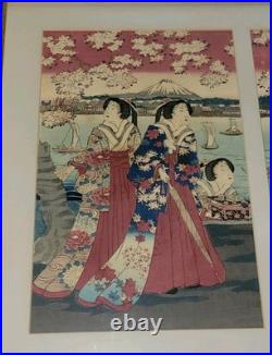 Antique UTAGAWA FUSATANE Woodblock Print CHERRY BLOSSOM VIEWING AT SUMIDA 3 Page