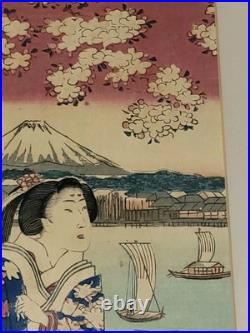 Antique UTAGAWA FUSATANE Woodblock Print CHERRY BLOSSOM VIEWING AT SUMIDA 3 Page
