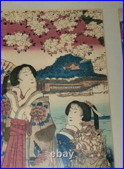 Antique UTAGAWA FUSATANE Woodblock Print CHERRY BLOSSOM VIEWING AT SUMIDA 3 Page